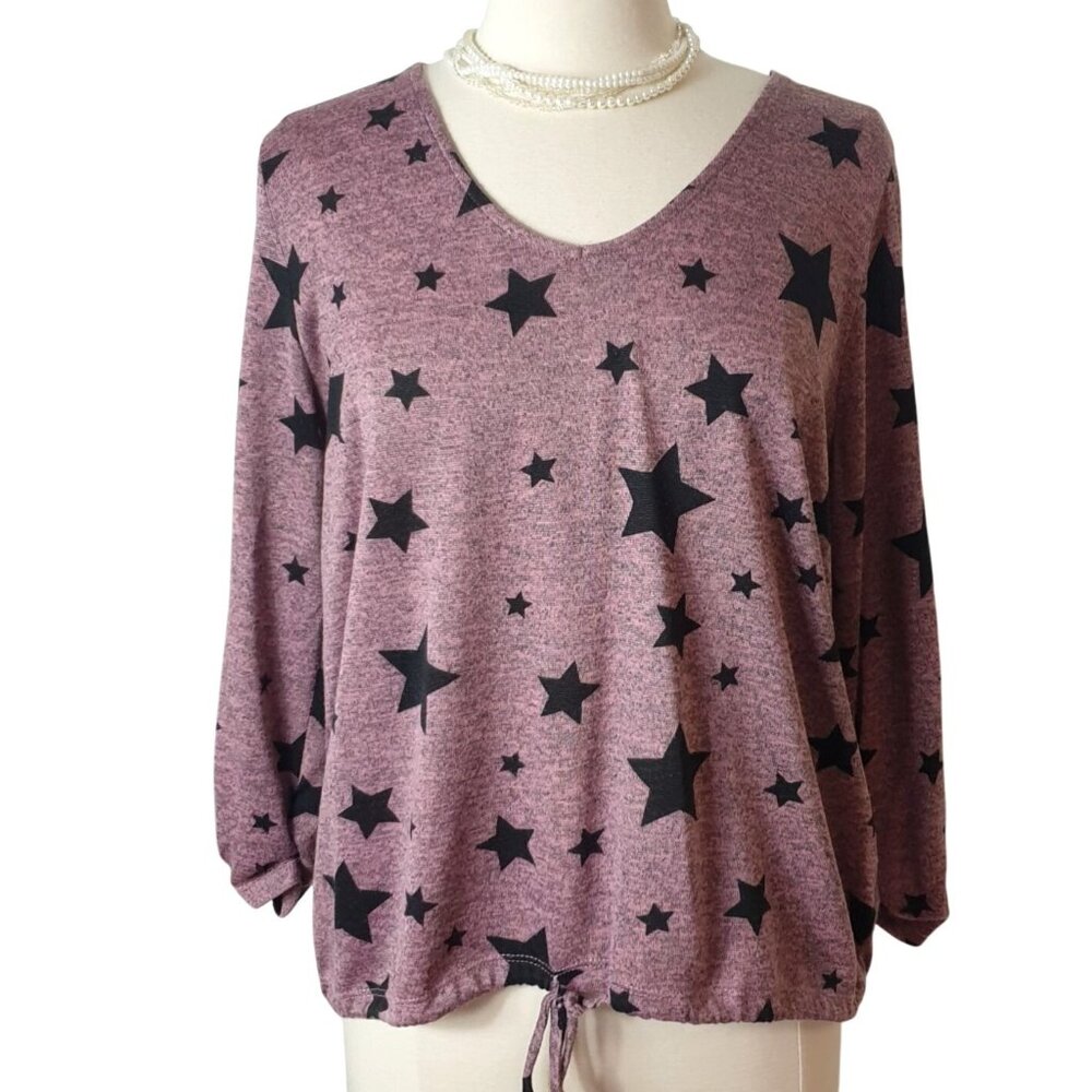 Olivia Blu Knit Tie Front Top L Burgundy Black Stars Cinch LS Boho Y2K Casual